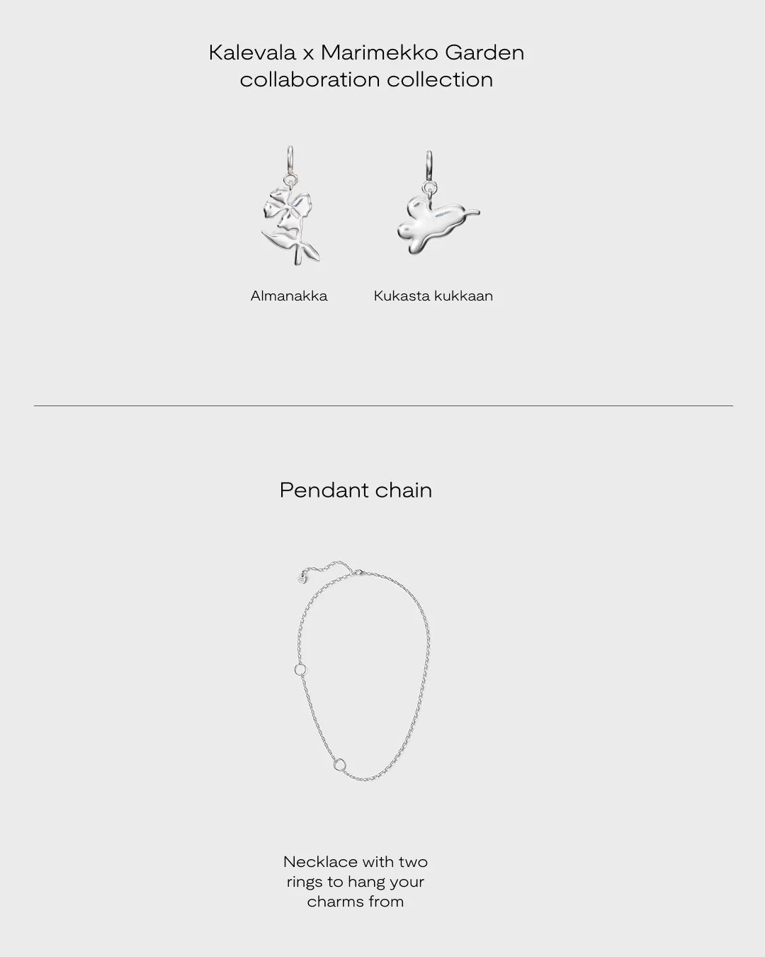 Kalevala x Marimekko Garden Pendant necklace 60cm with Kukasta Kukkan and Almanakka charm