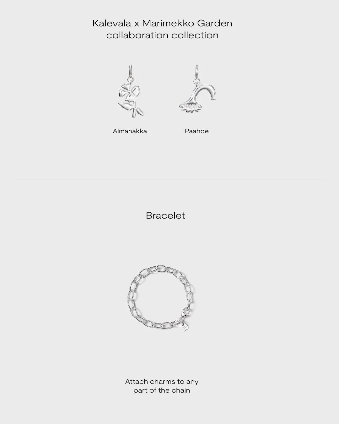 Kalevala x Marimekko Garden Bracelet 19cm with Paahde and Almanakka charm